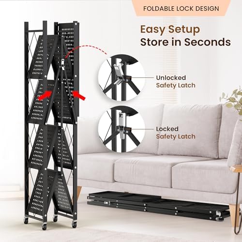 Our Modern Space 5-Tier Foldable Storage Shelf with Wheels | Metal Rack Collapsible Shelving Display | Rolling Cart for Books Kitchen Storage Shelves | Pantry & Closet Organizer | Office Room Decor - Image 4