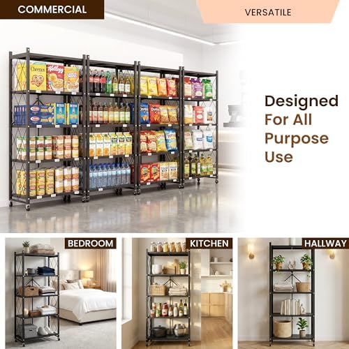 Our Modern Space 5-Tier Foldable Storage Shelf with Wheels | Metal Rack Collapsible Shelving Display | Rolling Cart for Books Kitchen Storage Shelves | Pantry & Closet Organizer | Office Room Decor - Image 5