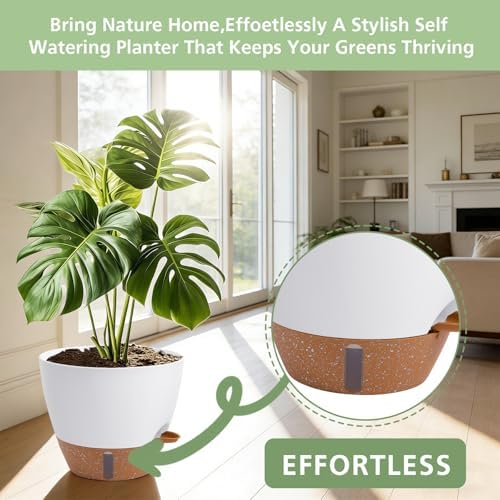 Self Watering Pots with Water Level Indicator, 12" 10" 9" 8" Large Plastic Flower Pots with Mesh Drainage Hole and Removable Saucer Reservoir for Indoor Outdoor Plants (White) - Image 3
