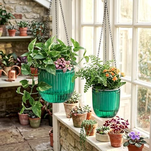 2 Pcs 6.5'' 4.5'' Hanging Self Watering Pot for Indoor Plant, Emerald - Image 4