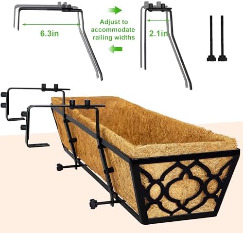 HFHOME 24 Inch Deck Railing Planter Box with Horse Trough Coco Liner, 24" Window Boxes with Coconut Coir Liner, Black Metal Hanging Flower Planter Basket for Outdoor Indoor Lawn - 4 Pack - Image 4