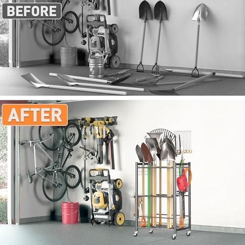 TORACK Garden Tool Stand with Wheels, Rakes Shovels Holder Yard Tools Organizer for Garage, Garden, Shed Indoor/Outdoor Long-Handled Tools Cart(Tool stand) - Image 7