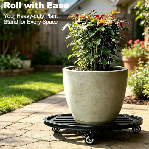 22" Metal Plant Caddy with Wheels Heavy Duty,Round Large Plant Stand Indoor Outdoor Use,Rolling Plant Dolly with Industrial Casters,Rust-Proof Black Plant Tray for Large Planters Pots,2-Pack - Image 7