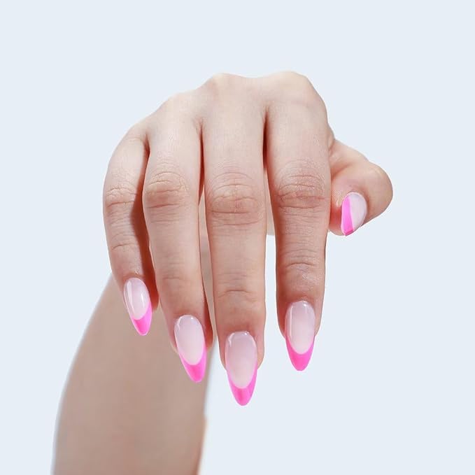 Rnker French Tip U Shape Press On Nails - Pink, Almond Top gel Nails with Bright Finish, 15 Sizes - 30 Nail Kit with Glue