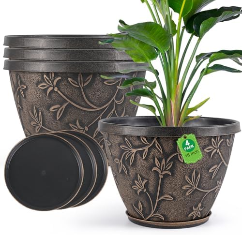 Nooulap 16 Inch Plant Pot Outdoor Indoor, Retro Brown, 4 Pack by Nooulap