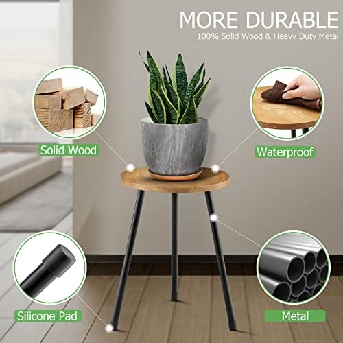 KINNARY Indoor Plant Stand, Mid Century Wood Plant Stand Plant Table for Flower Pots, Tall Metal Plant Holder, Modern Home Decor Small Round Side End Table (11.8"x16") - Image 5