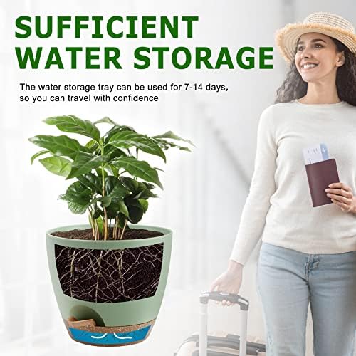 QRRICA Plant Pots 10/9/8/7.5/7 Inch Self Watering Pots, Set of 5 Plastic Planters with Drainage Holes and Saucers,Plastic Flower Pots,Nursery Planting Pot for Indoor Out Door Plants（Green） (Pack of 3) - Image 5