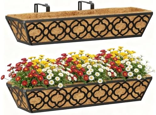 Y&M Deck Railing Planter Boxes, Adjustable Balcony Planter for Outdoor Plants, Metal Railing Planter Box for Deck, Fence and Porch, Window Boxes Outdoor, Sturdy Hanging Planter-24inch 2pcs by YM