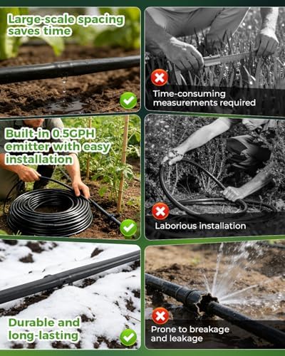 1/4" Drip Irrigation Tubing with 6" Emitter Spacing, (500 Ft Roll) Hydroponics Dripline with Built-in 0.5 GPH Dripper, Drip Line for Irrigation, Garden Beds and Greenhouses (Black) - Image 2