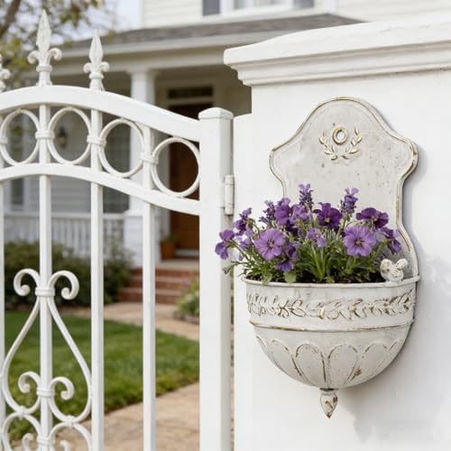 Vintage Rustic Wall Planter Distressed Decor Iron Hanging Plant Basket Shabby Metal Wall Mounted Flower Holder Pot Stand for Indoor Outdoor Home Balcony Patio Farmhouse Garden Decorative Bird White by Unknown