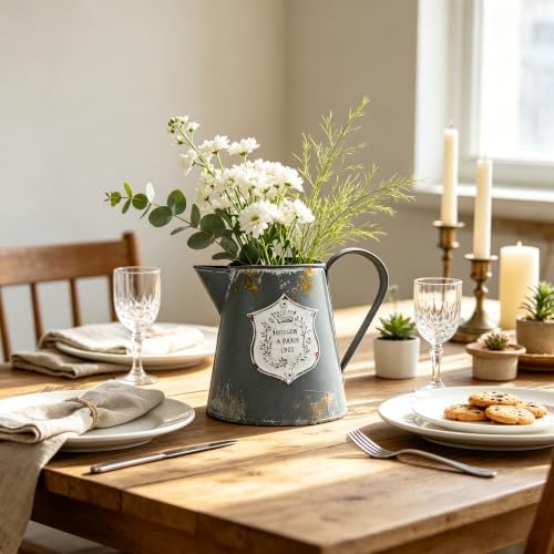 Vintage Rustic Metal Flower Vase Farmhouse Plant Pitcher, Distressed Gray Galvanized Flower Jug, Rustic French Country Decorative Watering Can Vase for Home, Kitchen, Wedding - Image 3