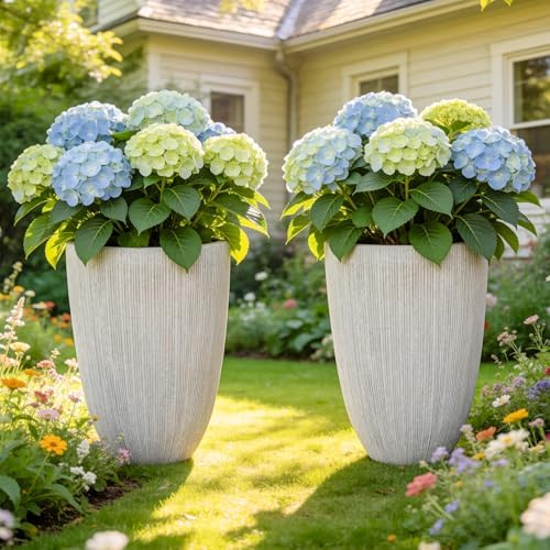19" Mediterranean Beige Resin Tall Planters with Fluted Texture by Ultym