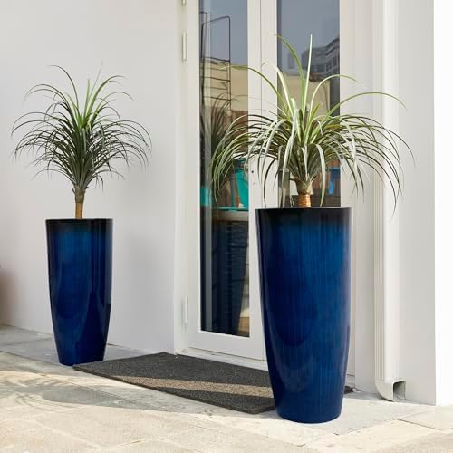 Glitzhome 30" H Tall Planters for Outdoor Plants, Set of 2 Plastic Large Outdoor Planters with Gradient Cobalt Blue Faux Ceramic Finish,Large Flower Pots with Drainage Holes for Front Porch Indoor - Image 4