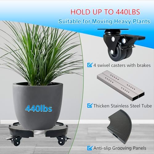 CASIMR Plant Caddy with Wheels, Heavy Duty 440lbs Capacity Rolling Plant Stand, 15-20 Inch Adjustable Indoor Outdoor Plant Dolly, Round Plant Roller Base Flower Pot Rack Holder Trolley Casters Tray, Black - Image 2
