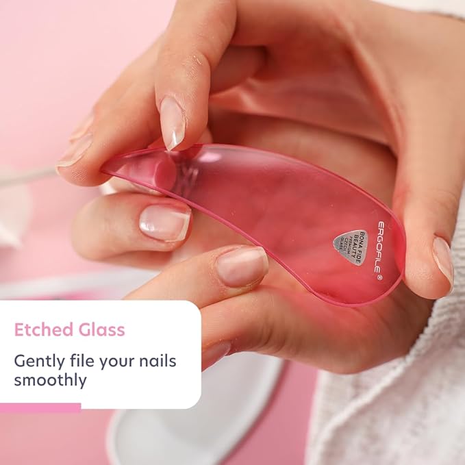 Glass Nail File Set by Bona Fide Beauty - Ergo File - Premium Nail Care Tools Genuine Czech Glass (Pink)