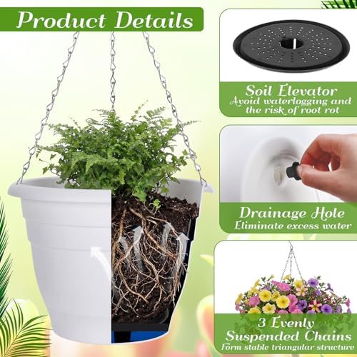10 Pack 11 Inch Plastic Hanging Planter Bulk White Hanging Baskets for Plants with Drainage Trays Self Watering Plant Pot Outdoor Indoor Planter for Garden, Balcony, Porch, Patio Decor - Image 3