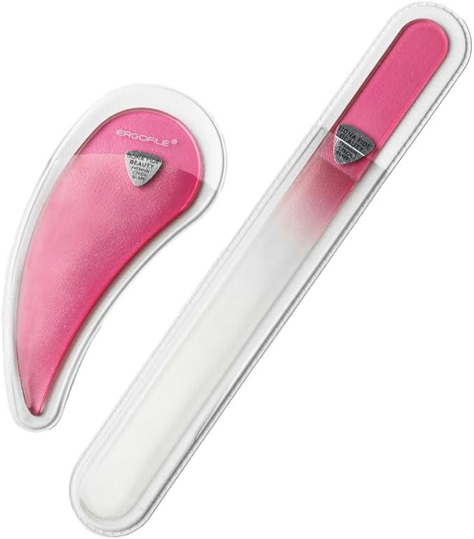 Glass Nail File Set by Bona Fide Beauty - Ergo File - Premium Nail Care Tools Genuine Czech Glass (Pink)