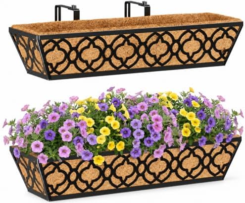 Y&M Window Boxes Horse Trough with Coconut Coir Liner, 24 Inch Window Deck with Coco Liner, Fence Metal Hanging Flower Planter Window Basket Deck Railing Planter Boxes (Flower 24in 2P) by YM