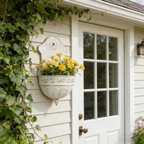 Vintage Rustic Wall Planter Distressed Decor Iron Hanging Plant Basket Shabby Metal Wall Mounted Flower Holder Pot Stand for Indoor Outdoor Home Balcony Patio Farmhouse Garden Decorative Bird White - Image 4