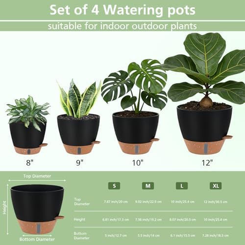 Self Watering Pots with Water Level Indicator, 12" 10" 9" 8" Large Plastic Flower Pots with Mesh Drainage Hole and Removable Saucer Reservoir for Indoor Outdoor Plants 4pcs （Black - Image 3