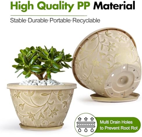 4 Pack 12 Inch Pots for Plants, Plastic Flower Pots Outdoor Indoor, Beige - Image 3