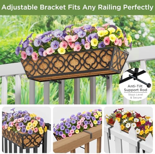 Y&M 4pcs 24 Inch Window Deck with Coconut Coir Liner, 24" Railing Planter Horse Trough Coco Basket Boxes Metal Hanging Flower Balcony for Outdoor Garden Fence Lawn - Image 2