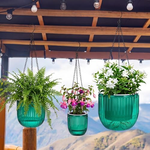 3 Pcs 8.3'' 6.5'' 4.5'' Hanging Self Watering Pot for Indoor Plant, Emerald - Image 5