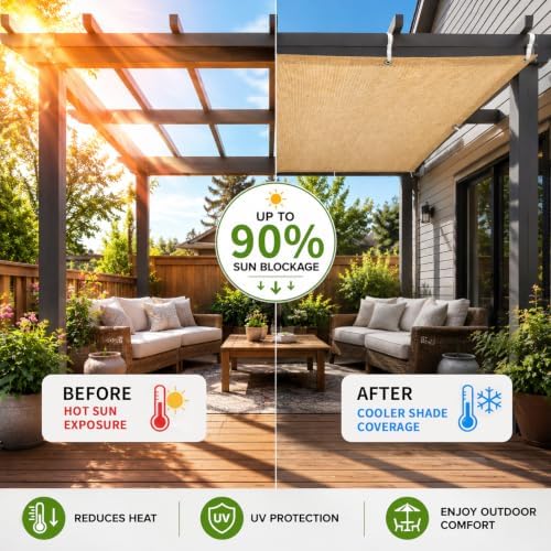 90% Outdoor Sun Shade Cloth, 6' x 8', Pergola, Deck, and Backyard Patio Sunshade with UV Protection, Heat Resistant HDPE Material, Reinforced Grommets (6x8 FT, Wheat) - Image 2