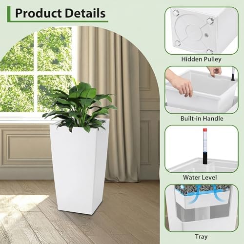 30 Inch Tall Planters Set of 2, Large White Indoor Outdoor Flower Pots for Front Porch, Modern Tall Plant Containers with Drainage Holes, Water Level Indicator & Inner Bucket, Patio Deck Balcony Decor - Image 3