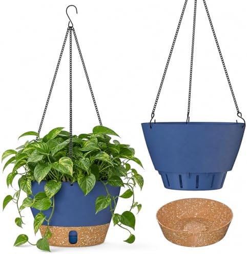 ZMTECH 2 Pack 10 Inch Hanging Baskets for Plants Outdoor Indoor, Modern Blue Planters with Water Level Window & Metal Chain for Balcony Patio Garden Home Decor by HighQualityGardeningTools