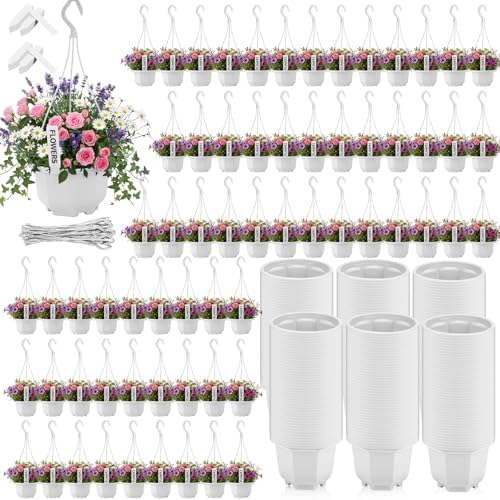 200 Pack 5.1 Inch Plastic Hanging Pots Bulk Nursery Hanging Planters with Hooks and Drainage Small Grower Pots for Indoor Outdoor Plants, Garden, Includes 200 Labels(White) by Romooa