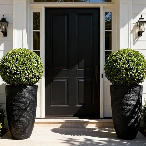 Worth Garden 21" H Tall Planters 2 Pack - 14'' Dia Resin Large Round Black Flower Pots for Outdoor Plants Trees - Imitation Stone Finish Plastic Indoor Front Porch 9 Gallon Decorative Container Patio - Image 2