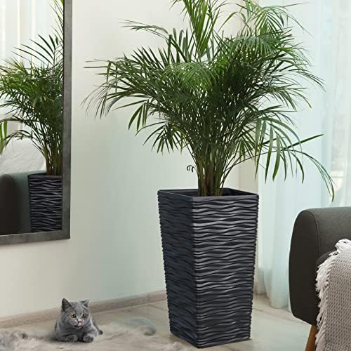 Worth Garden 2-Pack Black Tall Planter - Plastic Square Tapered Tree Plant Pots with Drainage Hole for Indoor Outdoor - 22" H Modern Wavy Finish Decorative Flower Pots for Front Porch Patio Deck - Image 2