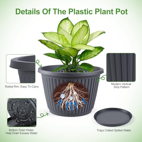 12-inch-Planters-for-Outdoor-Plant，Plastic Indoor Flower Pots with Drainage Holes & Saucer, 4 Packs Decorative Garden Pots for Plantfor Home Porch Decor - Image 4