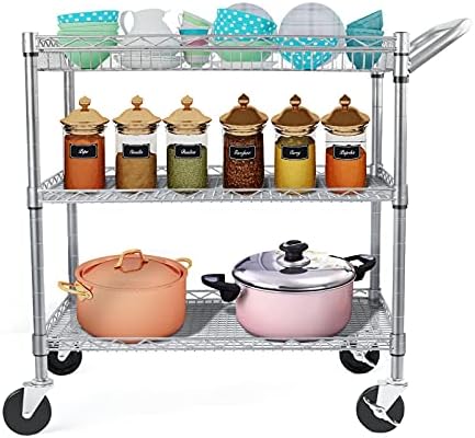 WDT Heavy Duty 3 Tier Utility Cart,Wire Rolling Carts with Wheels, Commercial Grade Service Cart with Shelving Liners and Handle Bar Metal Carts for Kitchen Office Hardware - Image 2