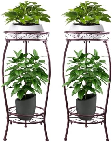 2 Pack 27.1" Plant Stands Indoor Outdoor – 2-Tier Metal Flower Pot Holders, Heavy Duty Rustproof Plant Shelf with Round Supports for Garden, Patio, Balcony, Corner Planters by YHIJURS