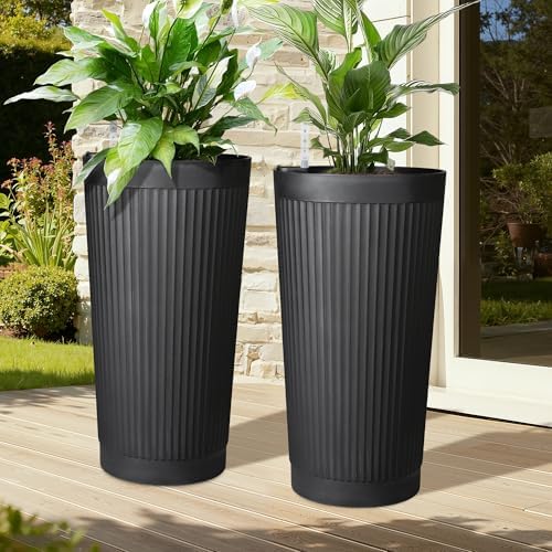 Self Watering Tall Planters Set of 2, Black Round - Image 2