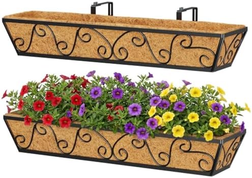 Y&M 30 Inch Butterfly Window Box Planter. Railing Planters for Outdoor Plants, Over the Railing Planter Boxes & Wall Mount, Rust-Resistant Steel with Coco Coir Liner for Balcony, Deck - 2 PCS by YM