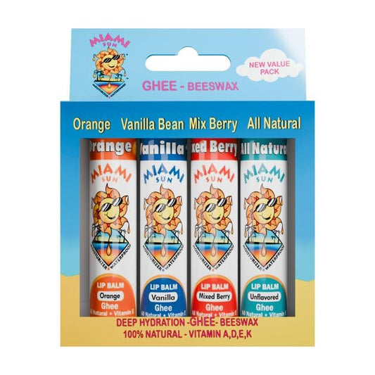 Miami Sun Natural Ghee Lip Balm, Hydrating Lip Treatment with Shea Butter & Beeswax, Organic & Non-Toxic, Best for Dry, Chapped Lips - Moisturizing, Healing, Chemical-Free Care (4 Gift Pack, Variety)