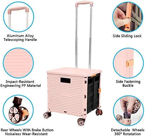 FELICON SELORSS Foldable Utility Cart Folding Portable Rolling Crate-Pink - Image 2