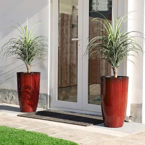 Glitzhome 23.5" H Oversized Tall Planter, Set of 2 Plastic Large Outdoor Planters with Drainage Holes, Gradient Red Faux Ceramic Finish, Large Flower Pots Round Plant Pots for Indoor Outdoor Patio - Image 4
