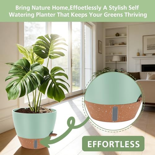 Self Watering Pots with Water Level Indicator, 12" 10" 9" 8" Large Plastic Flower Pots with Mesh Drainage Hole and Removable Saucer Reservoir for Indoor Outdoor Plants (Green) - Image 3