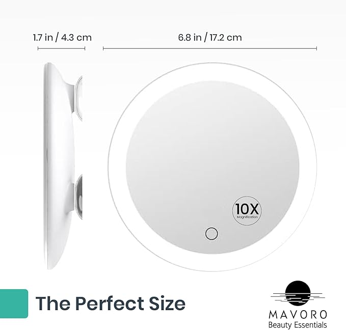 Mavoro 6.8" LED Magnifying Mirror with 3 Strong Suction Cups | 10X Magnification | Portable Lighted Travel Makeup & Cosmetic Mirror with Light (USB-C Rechargeable Built-in Battery |10X)