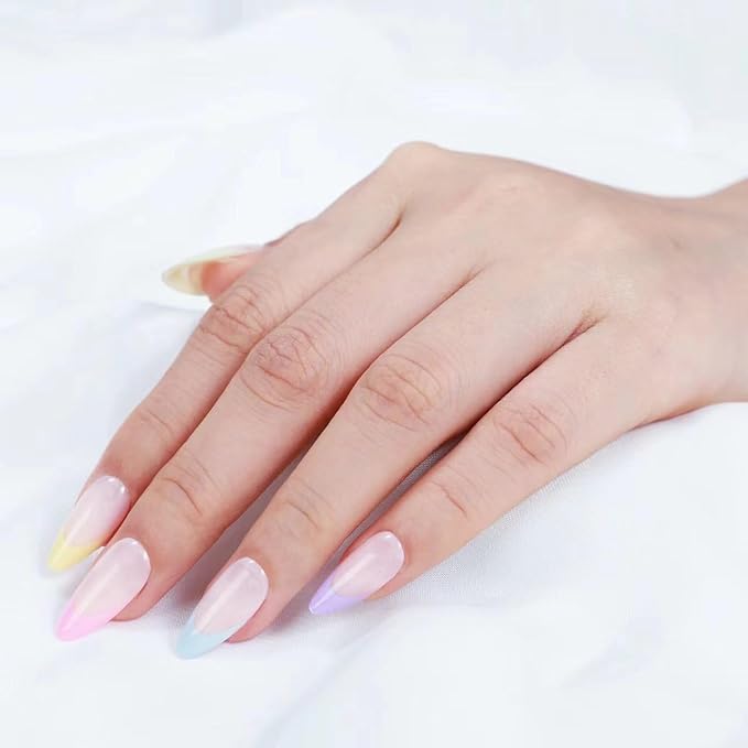 Rnker French Tip U Shape Press On Nails - Five colors Almond Top gel Nails with Bright Finish, 15 Sizes - 30 Nail Kit with Glue