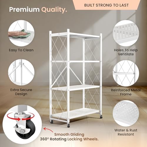 Our Modern Space 4-Tier Foldable Storage Shelf with Wheels | Metal Rack Collapsible Shelving Display | Rolling Cart for Books Kitchen Storage Shelves | Pantry & Closet Organizer | Office Room Decor - Image 3