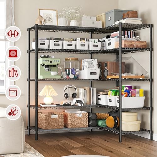 REIBII 5 Tier Wire Shelving Storage Shelves Loads 1430LBS, 58" W Metal Shelving Unit for Storage Adjustable Heavy Duty Garage Shelving Pantry Shelves Kitchen Shelving, Black, 2 Pack - Image 6