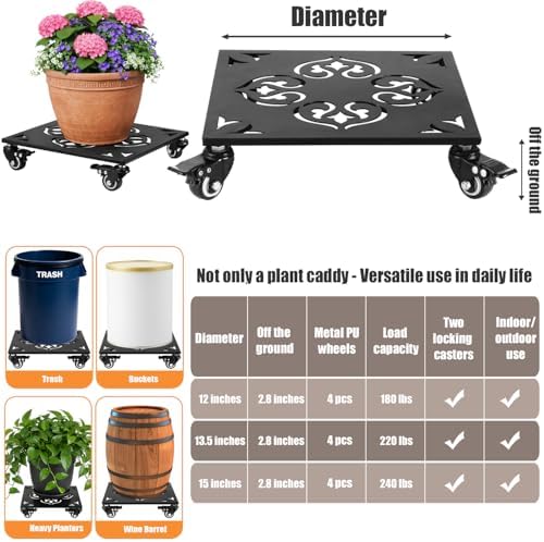 1 Pack Large Square Metal Plant Caddy with Wheels 12 Inches Heavy-duty Rolling Plant Stands with Casters Wheeled Flower Pot Mover Rollers Rust-proof Iron Planter Dolly Coasters Indoor Outdoor Use - Image 3