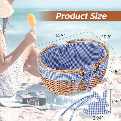G GOOD GAIN Wicker Picnic Basket with Double Folding Handles,Willow Picnic Hamper,Natural Hand Woven Easter Basket,Easter Eggs and Candy Basket,Bath Storage,Gift Packing Basket.Blue - Image 3