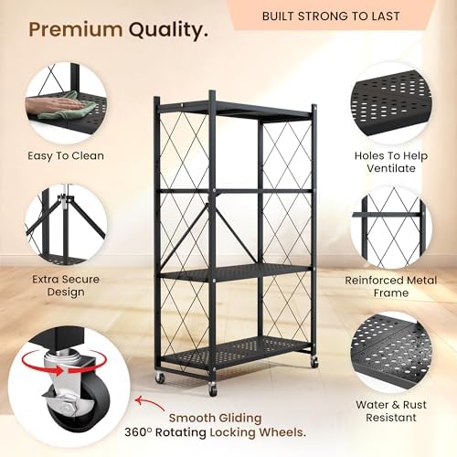 Our Modern Space 4-Tier Foldable Storage Shelf with Wheels | Metal Rack Collapsible Shelving Display | Rolling Cart for Books Kitchen Storage Shelves | Pantry & Closet Organizer | Office Room Decor - Image 3