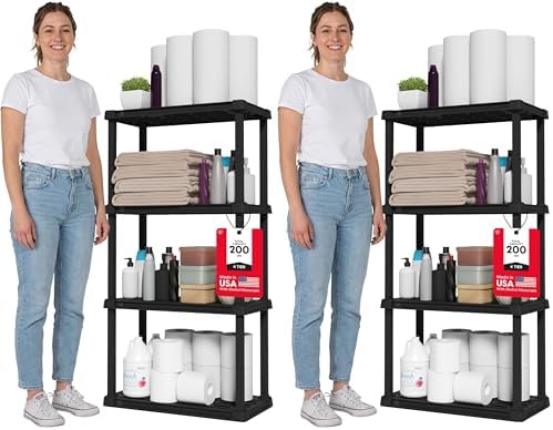 IRIS USA 4-Shelf Light Duty Plastic Storage Shelves, 200lb Capacity, 48" H x 24" W x 12" D, Medium Modular Shelving Unit Storage Organizer for Bathroom, Laundry, Garage & Home, Storage Rack - Black by IRISUSA